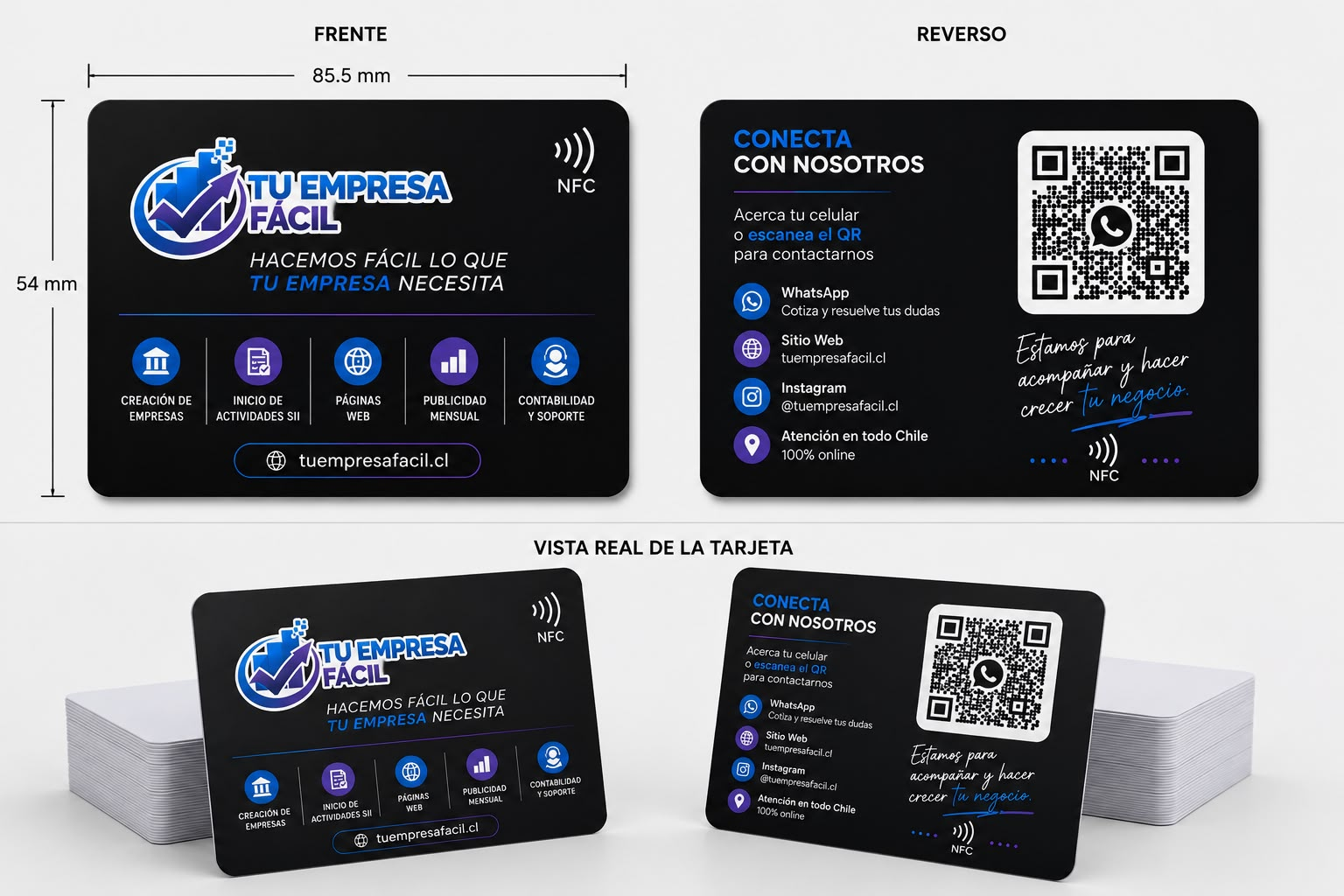 Tarjeta NFC Tu Empresa Fácil: frente, reverso y vista real